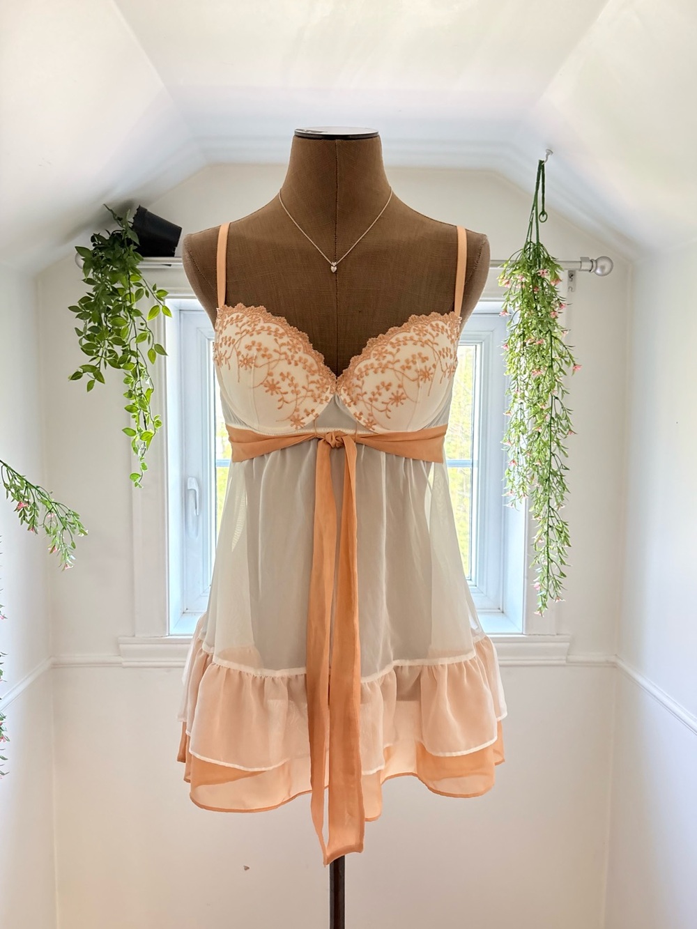 Sheer Lace Trim Babydoll Slip - Tan & Cream